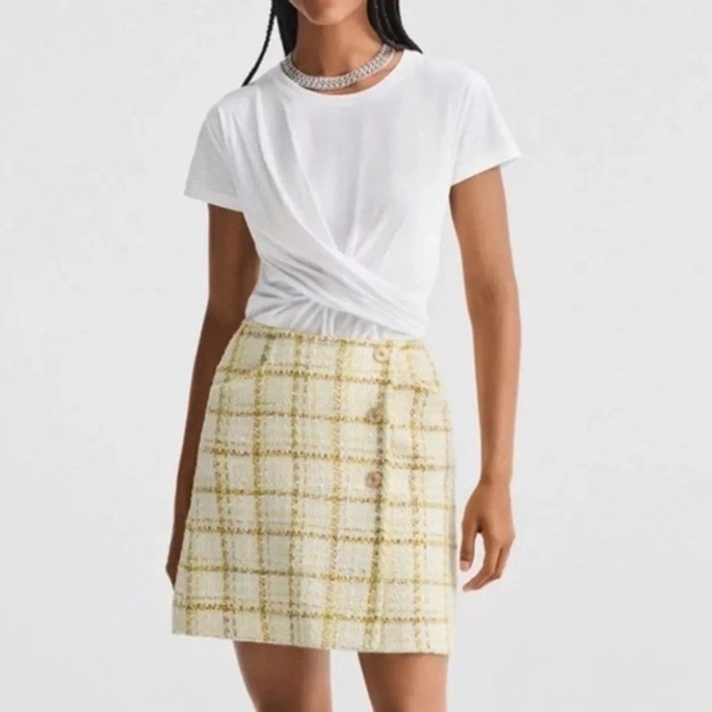 CAbi NEW $129 Coco Yellow/White Plaid Tweed Knit Tailored Office Pencil Skirt 14